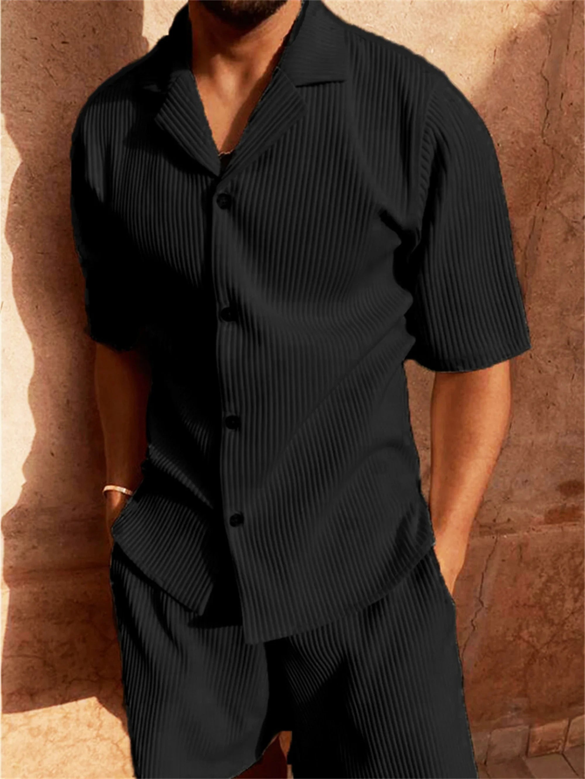 Textured Shirt and Shorts Set | Breathable Cotton Blend | Relaxed Summer Elegance