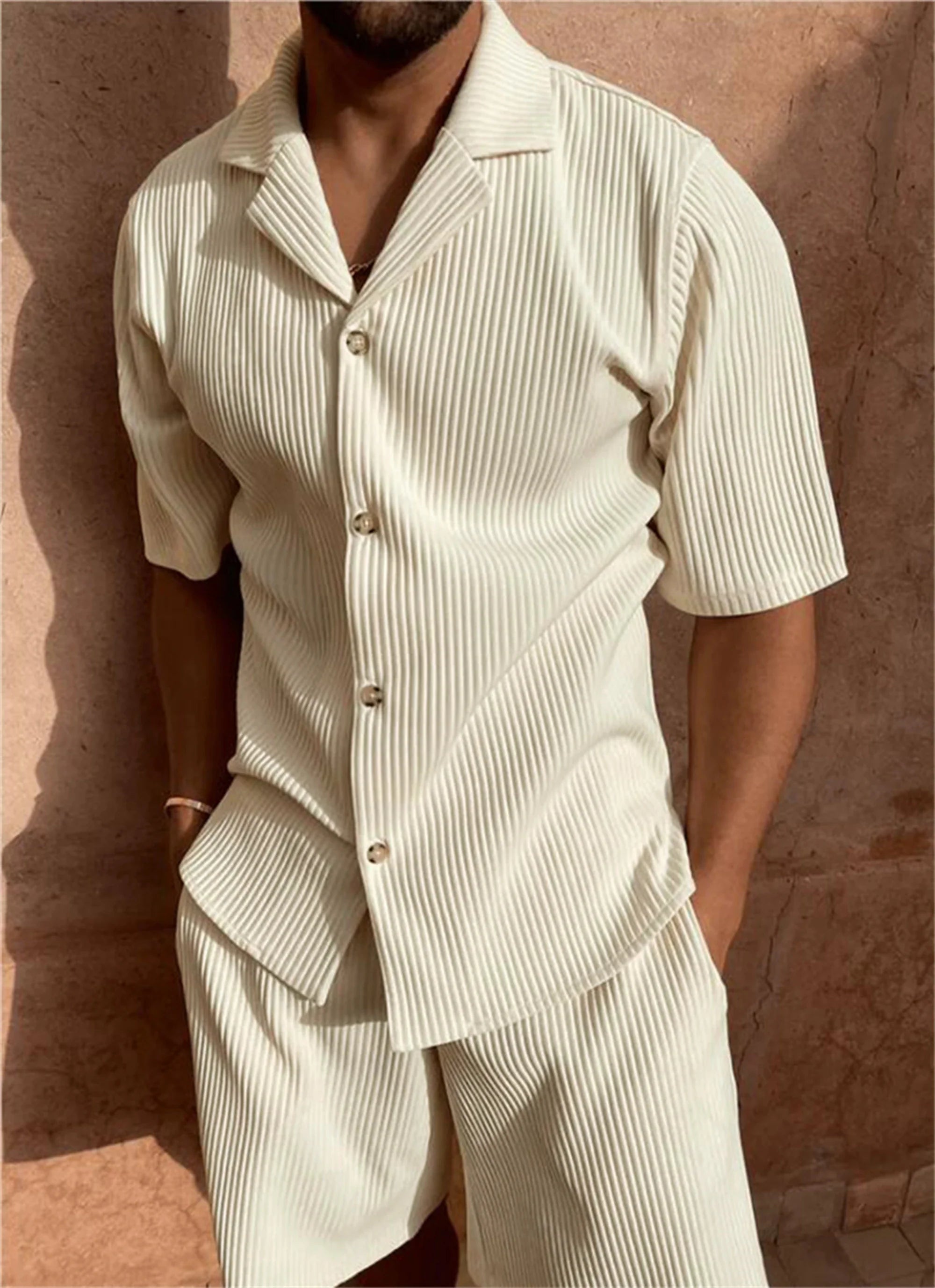 Textured Shirt and Shorts Set | Breathable Cotton Blend | Relaxed Summer Elegance