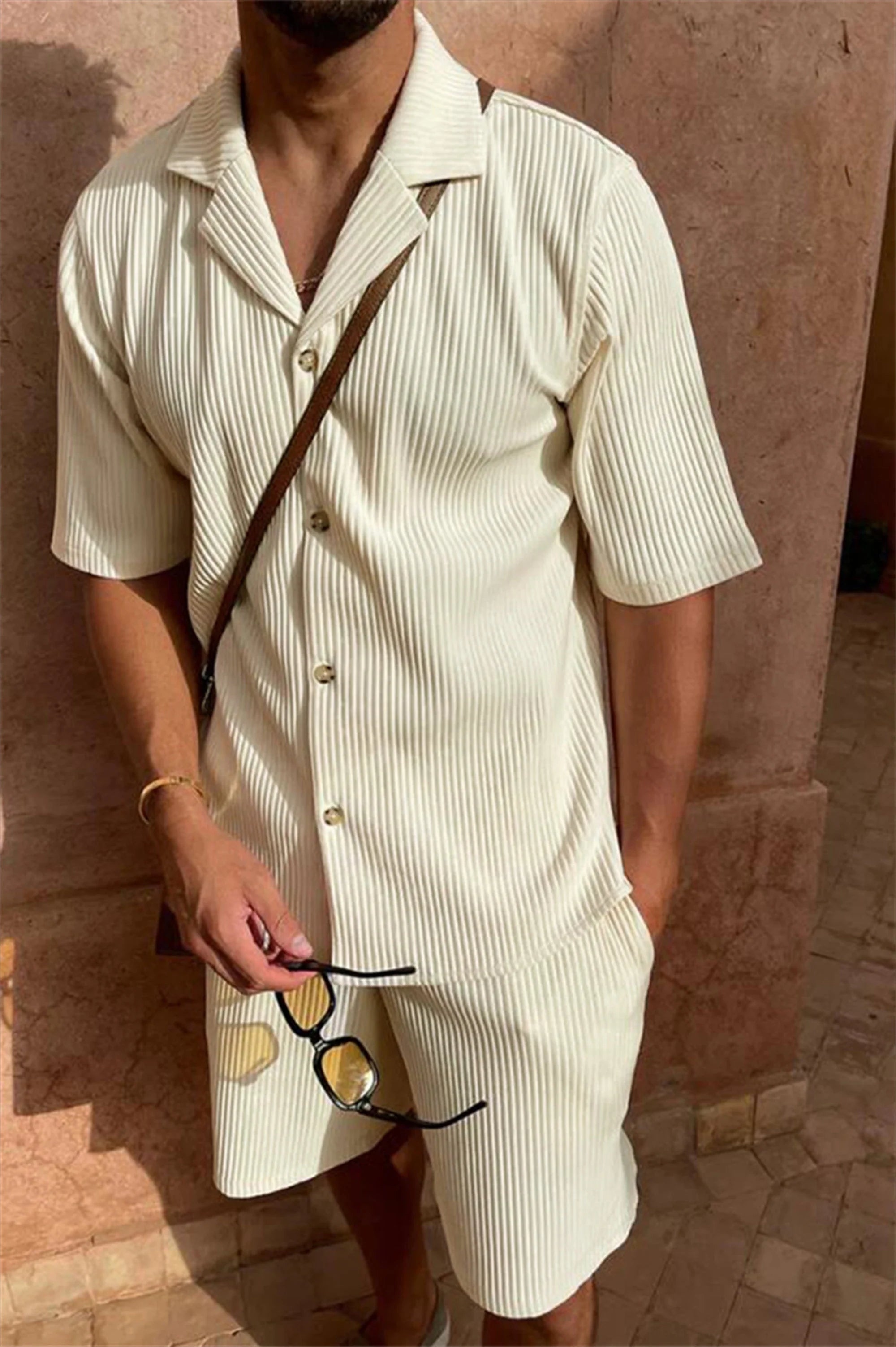 Textured Shirt and Shorts Set | Breathable Cotton Blend | Relaxed Summer Elegance
