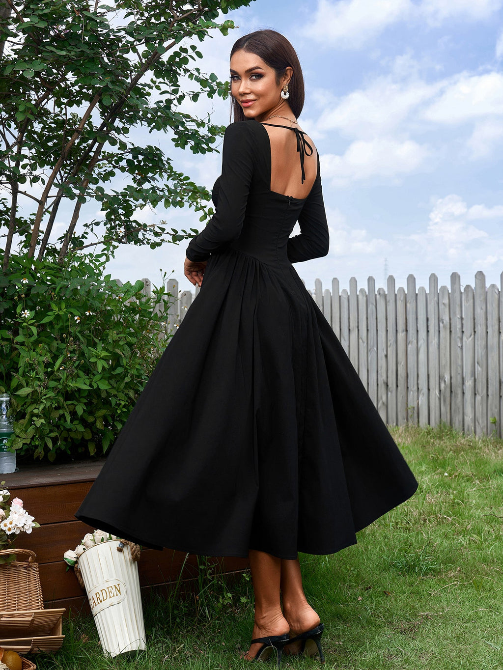 Elegant Midi Dress | Long Sleeve with Tie-Back Design | Special Occasion Wear| Special Occasion Wear