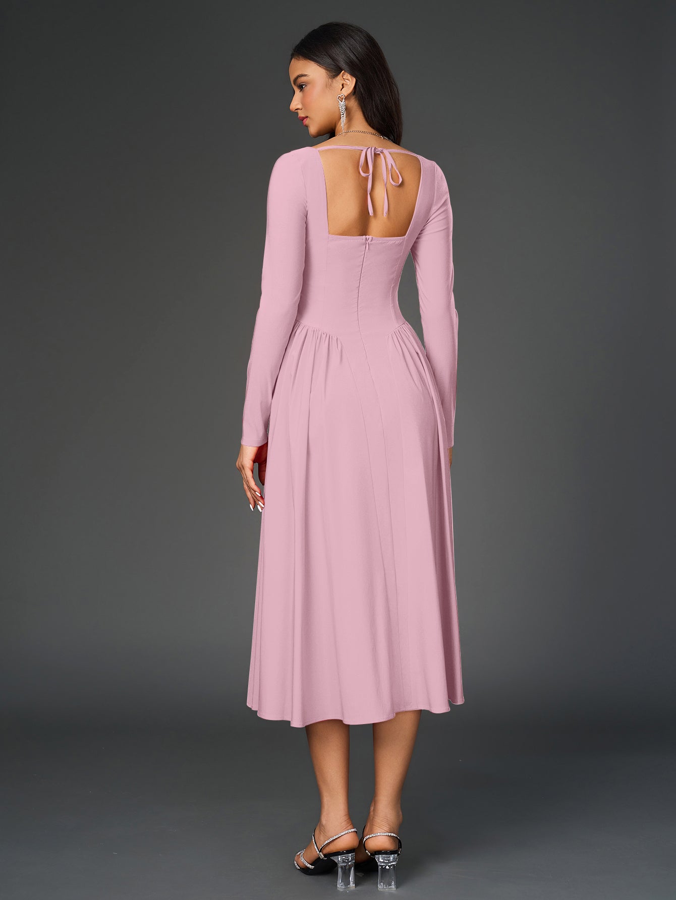 Elegant Midi Dress | Long Sleeve with Tie-Back Design | Special Occasion Wear| Special Occasion Wear