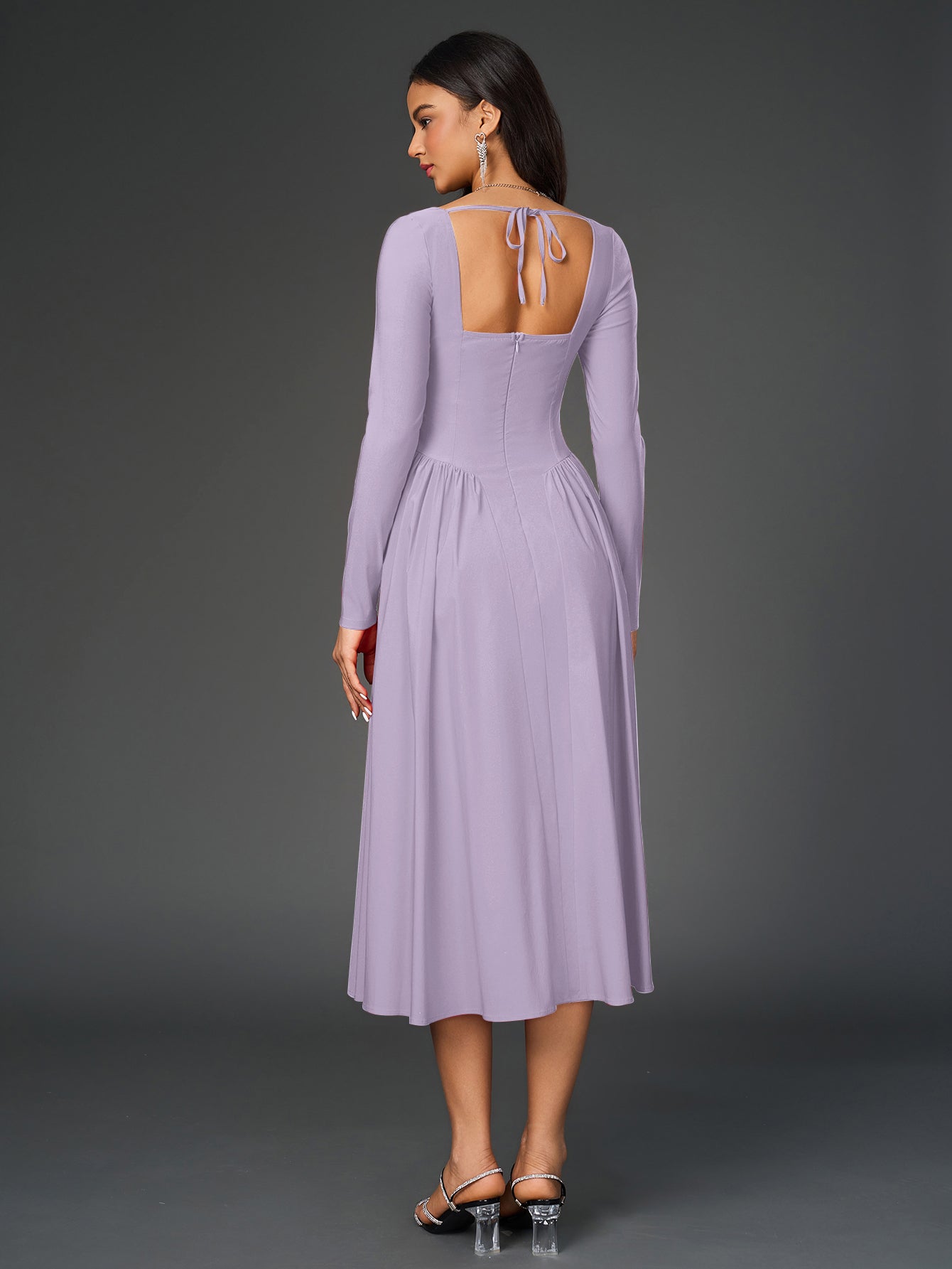 Elegant Midi Dress | Long Sleeve with Tie-Back Design | Special Occasion Wear| Special Occasion Wear
