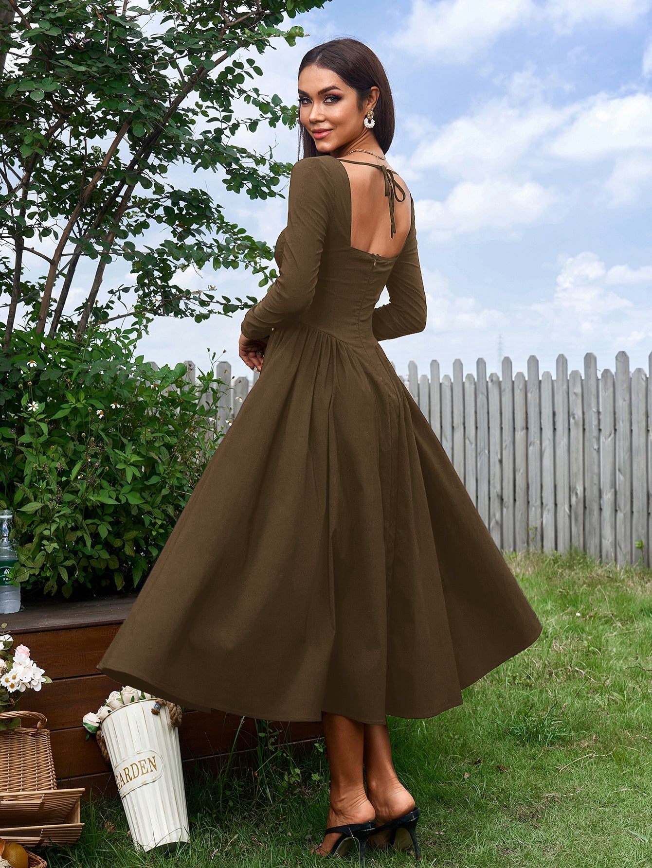 Elegant Midi Dress | Long Sleeve with Tie-Back Design | Special Occasion Wear| Special Occasion Wear