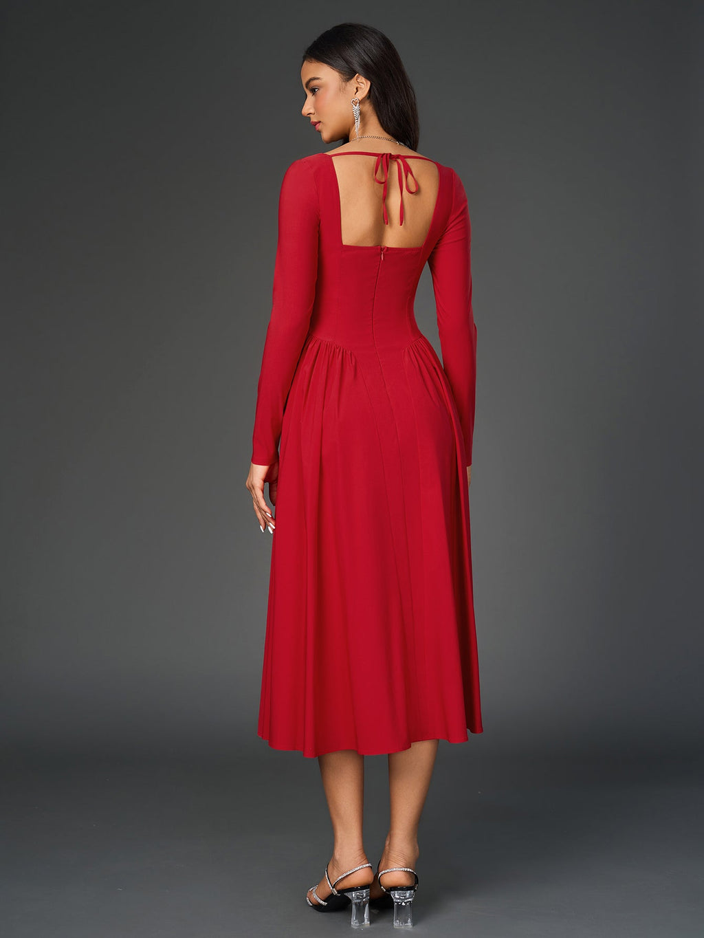 Elegant Midi Dress | Long Sleeve with Tie-Back Design | Special Occasion Wear| Special Occasion Wear