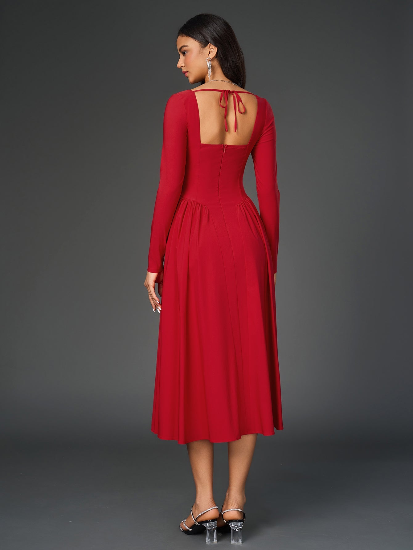 Elegant Midi Dress | Long Sleeve with Tie-Back Design | Special Occasion Wear| Special Occasion Wear