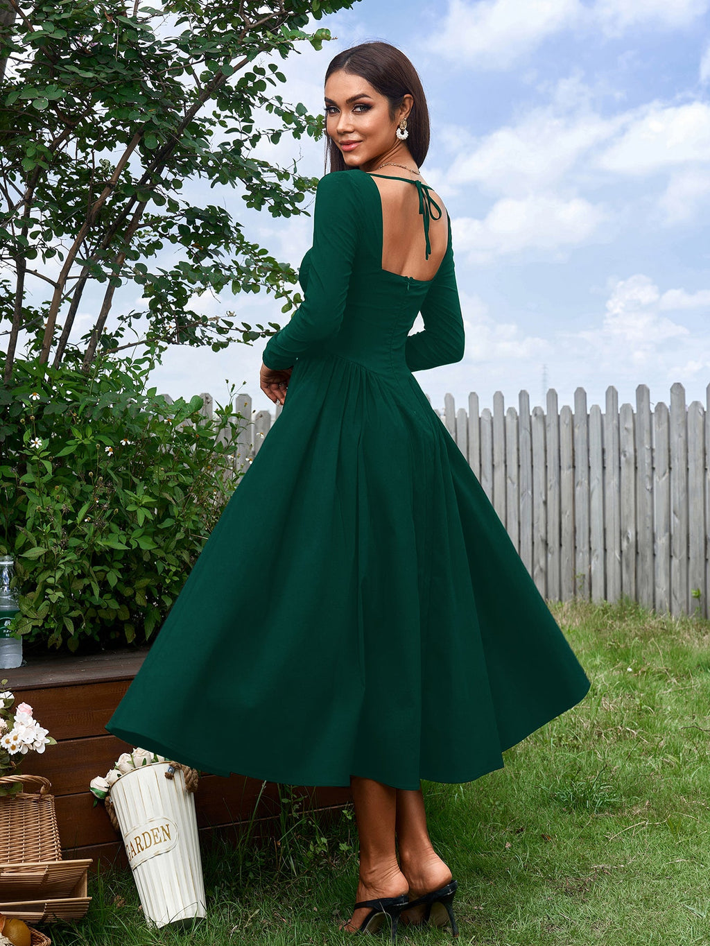 Elegant Midi Dress | Long Sleeve with Tie-Back Design | Special Occasion Wear| Special Occasion Wear