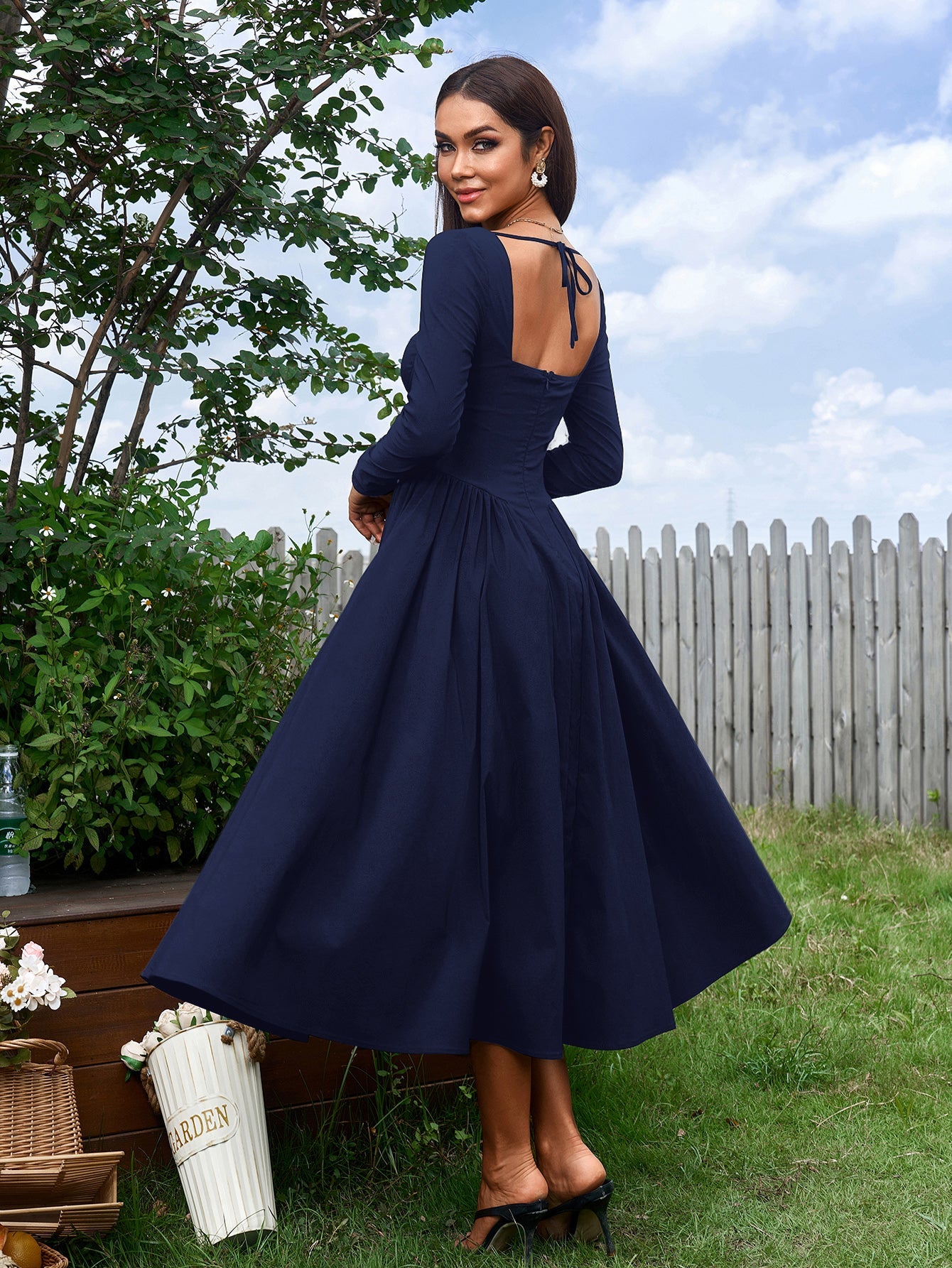 Elegant Midi Dress | Long Sleeve with Tie-Back Design | Special Occasion Wear| Special Occasion Wear
