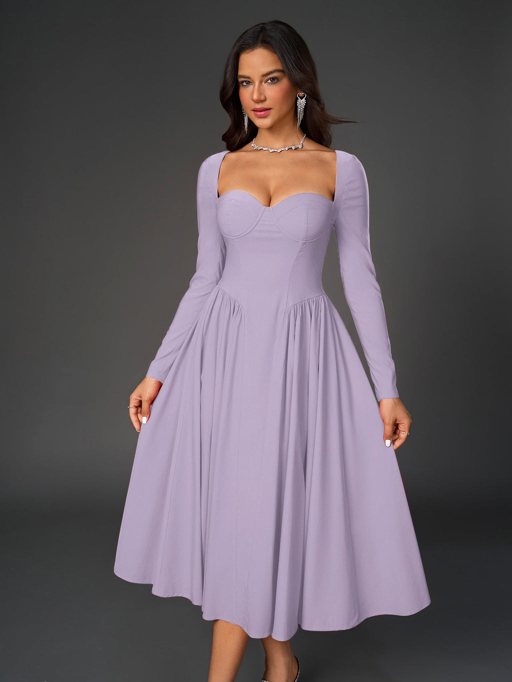 Elegant Midi Dress | Long Sleeve with Tie-Back Design | Special Occasion Wear| Special Occasion Wear