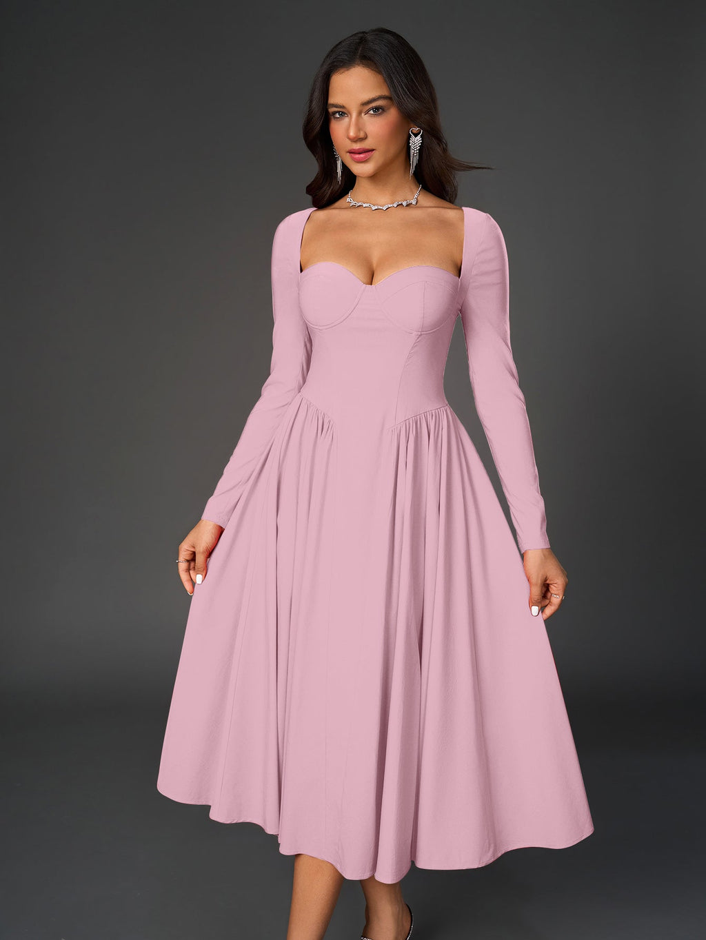 Elegant Midi Dress | Long Sleeve with Tie-Back Design | Special Occasion Wear| Special Occasion Wear