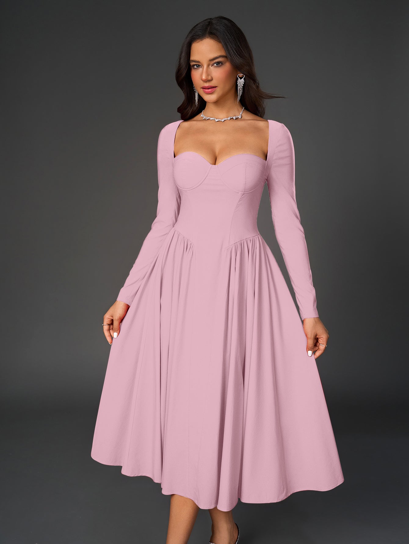 Elegant Midi Dress | Long Sleeve with Tie-Back Design | Special Occasion Wear| Special Occasion Wear
