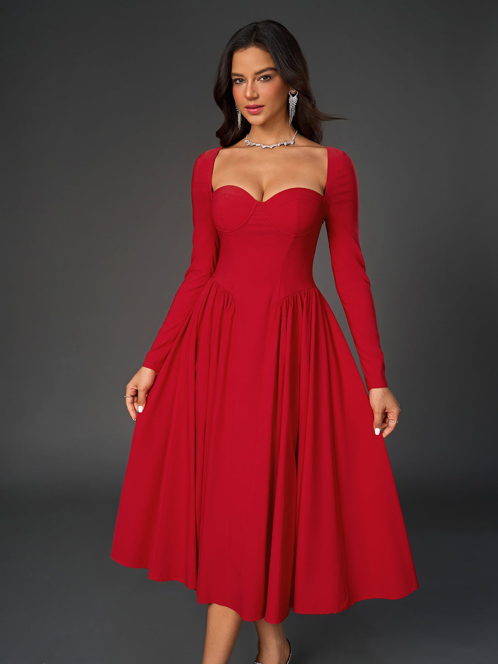 Elegant Midi Dress | Long Sleeve with Tie-Back Design | Special Occasion Wear| Special Occasion Wear