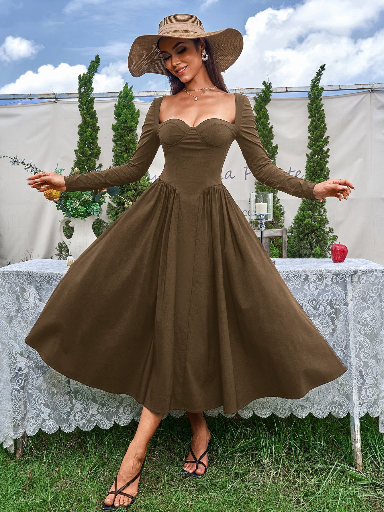 Elegant Midi Dress | Long Sleeve with Tie-Back Design | Special Occasion Wear| Special Occasion Wear