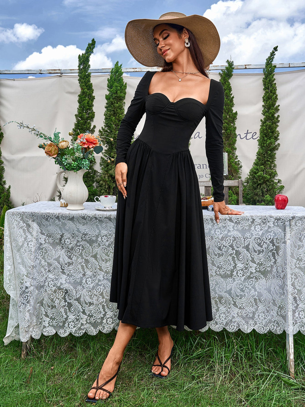 Elegant Midi Dress | Long Sleeve with Tie-Back Design | Special Occasion Wear| Special Occasion Wear