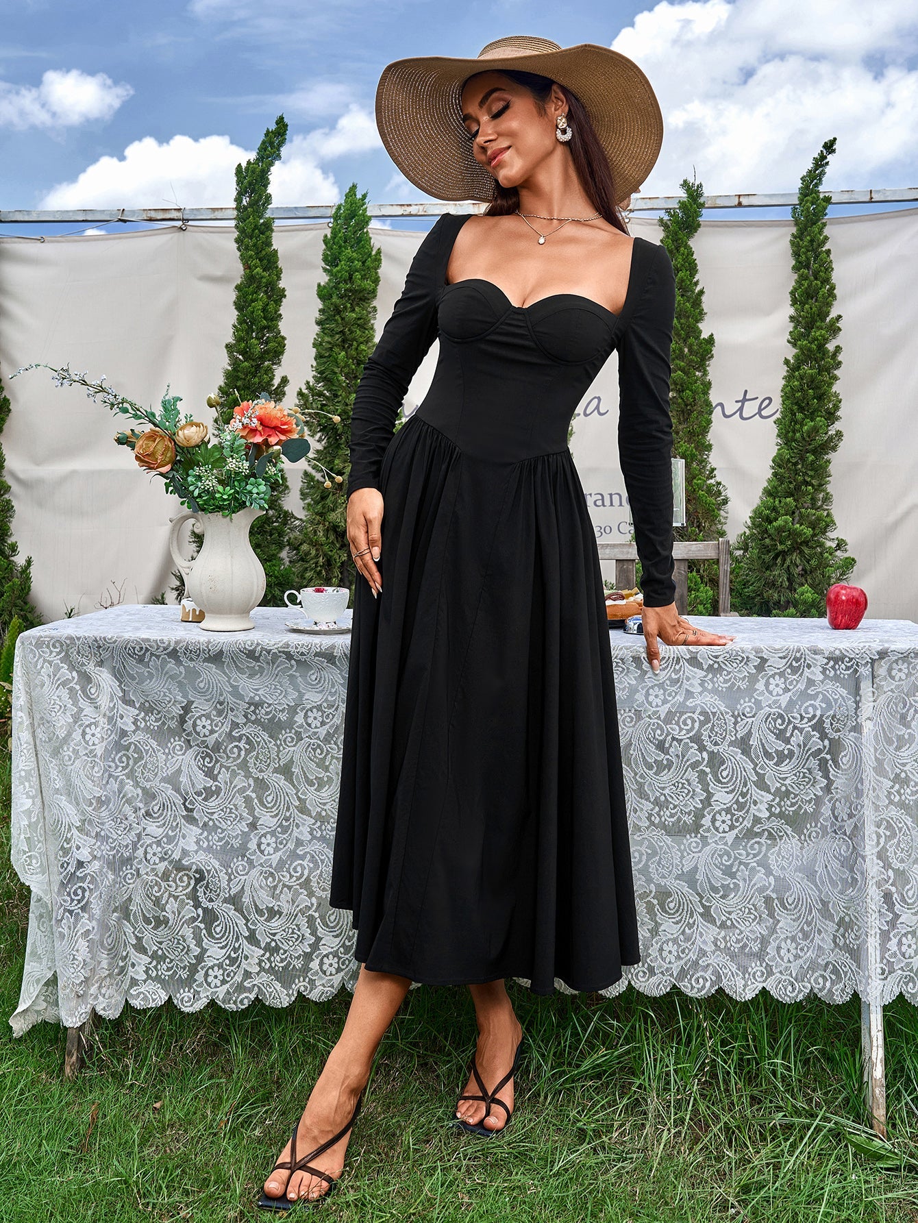 Elegant Midi Dress | Long Sleeve with Tie-Back Design | Special Occasion Wear| Special Occasion Wear