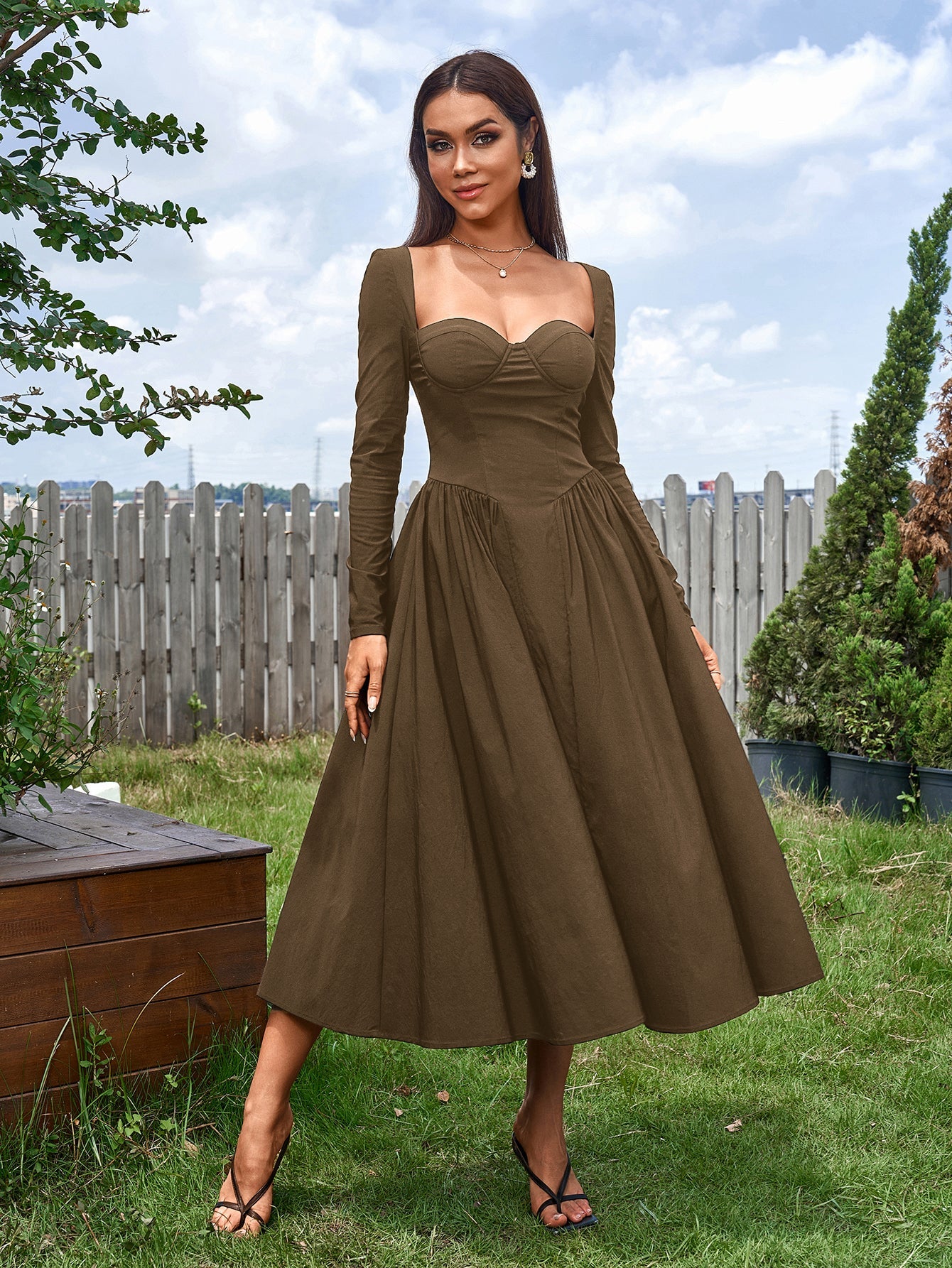Elegant Midi Dress | Long Sleeve with Tie-Back Design | Special Occasion Wear| Special Occasion Wear