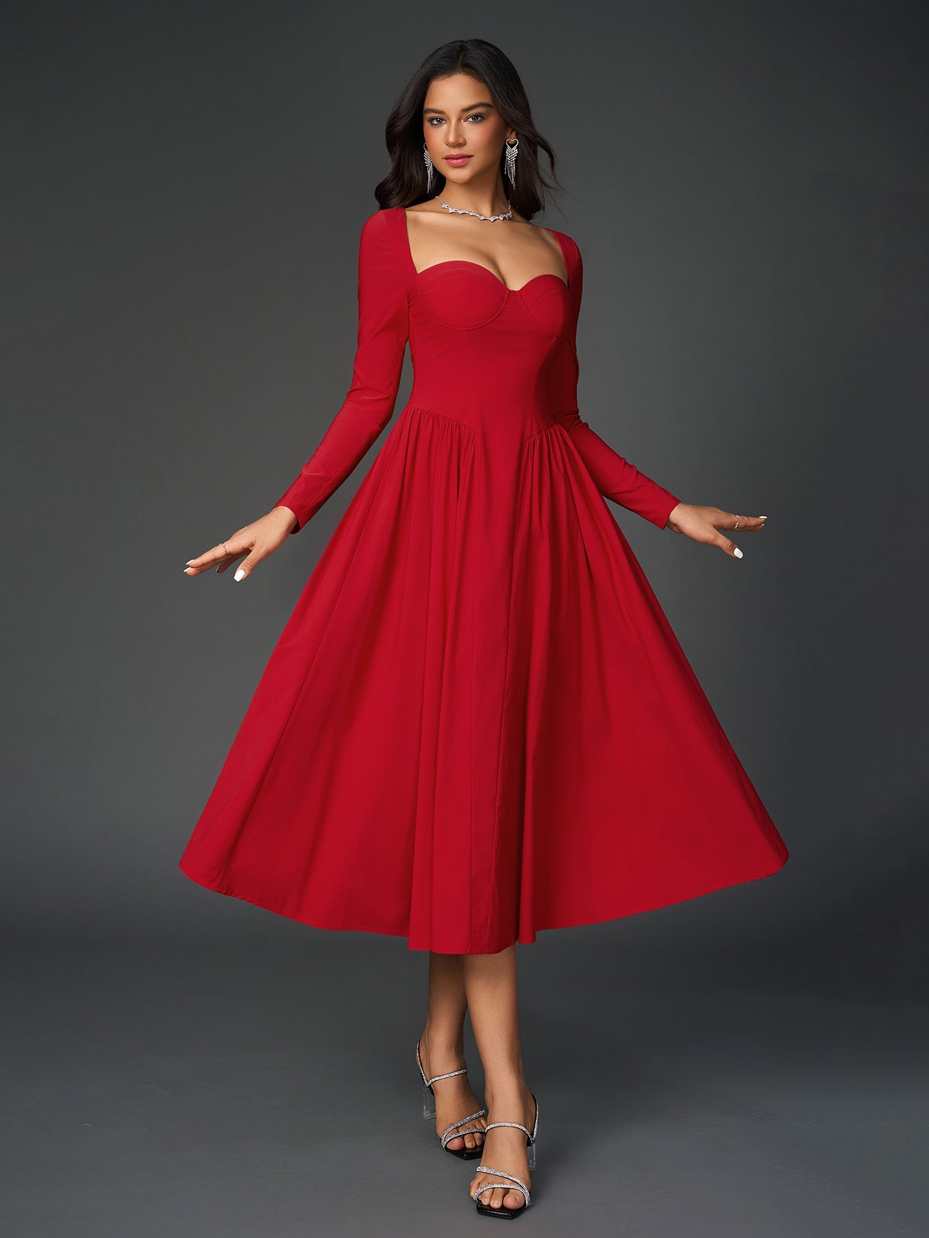Elegant Midi Dress | Long Sleeve with Tie-Back Design | Special Occasion Wear| Special Occasion Wear