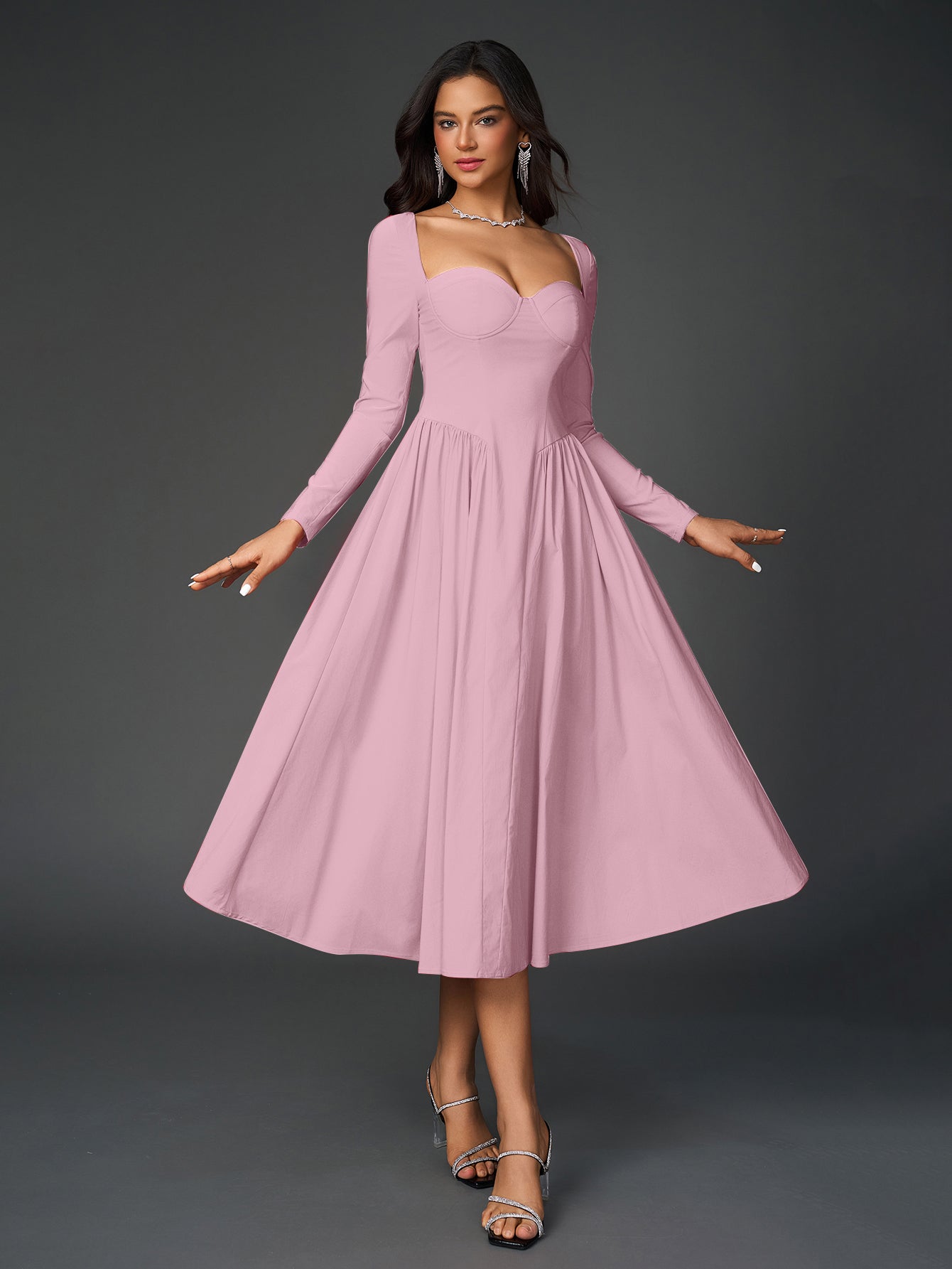 Elegant Midi Dress | Long Sleeve with Tie-Back Design | Special Occasion Wear| Special Occasion Wear