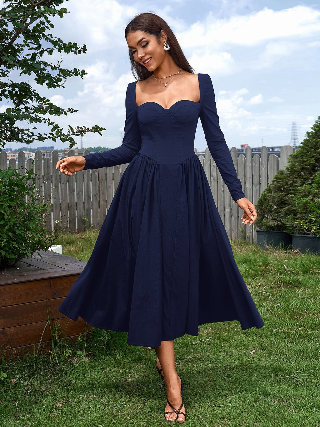 Elegant Midi Dress | Long Sleeve with Tie-Back Design | Special Occasion Wear| Special Occasion Wear