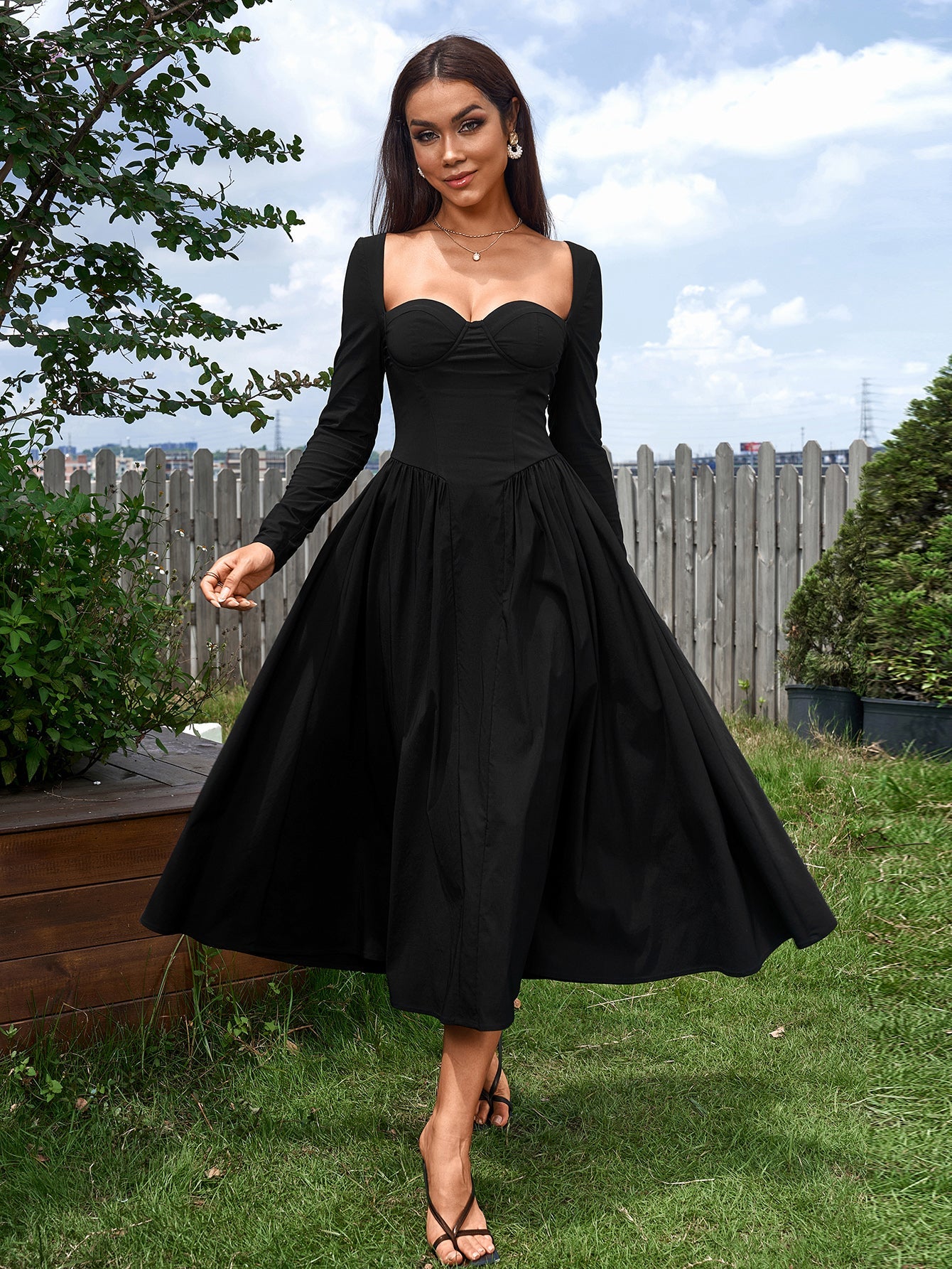 Elegant Midi Dress | Long Sleeve with Tie-Back Design | Special Occasion Wear| Special Occasion Wear