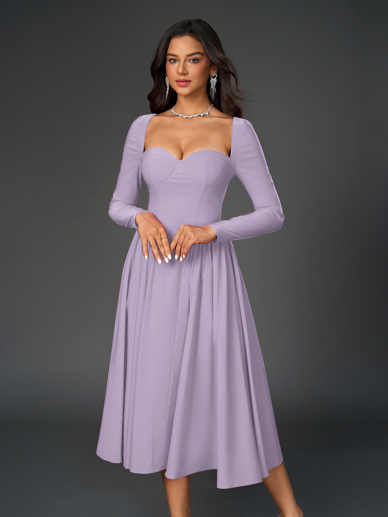 Elegant Midi Dress | Long Sleeve with Tie-Back Design | Special Occasion Wear| Special Occasion Wear