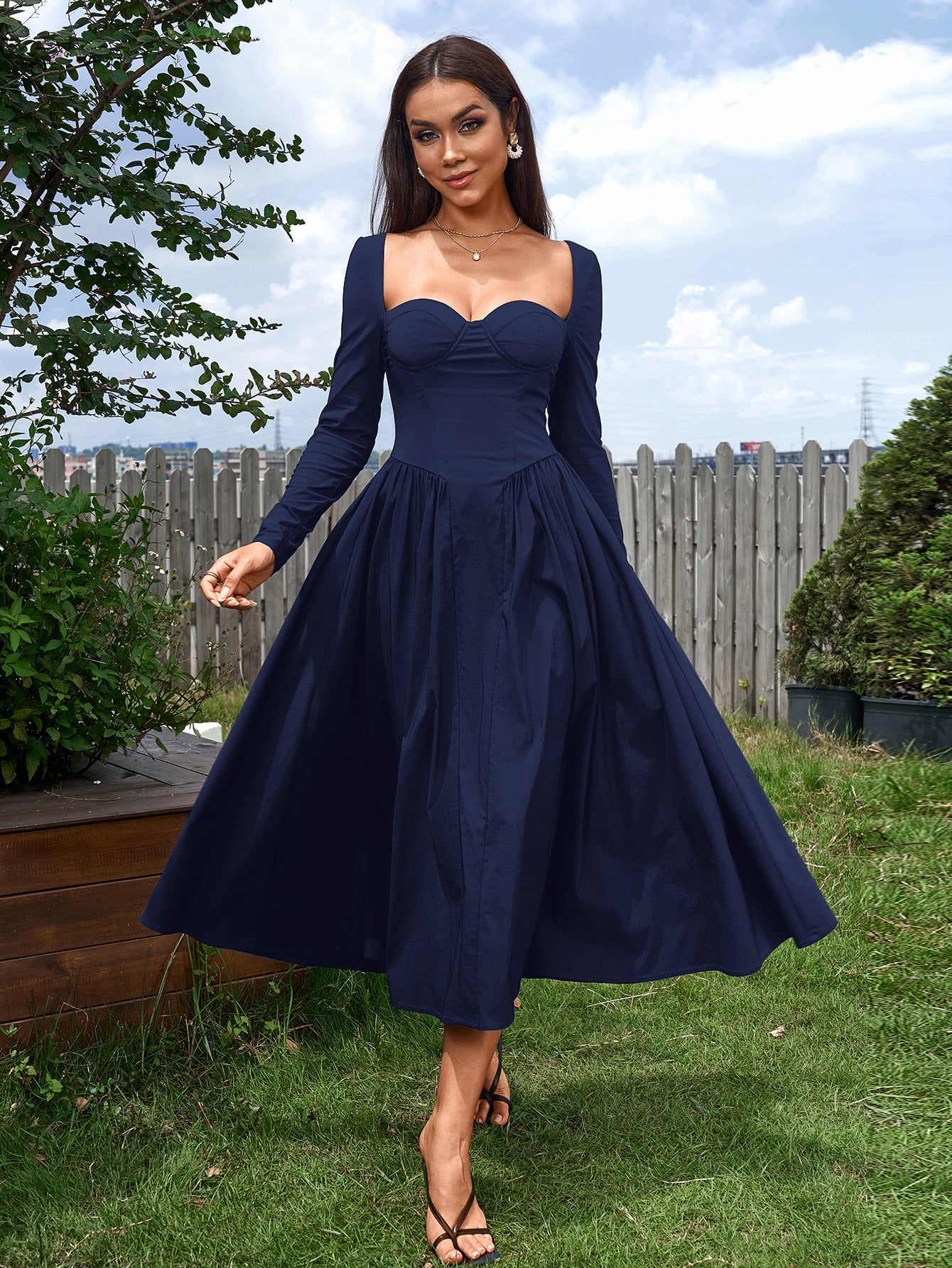 Elegant Midi Dress | Long Sleeve with Tie-Back Design | Special Occasion Wear| Special Occasion Wear