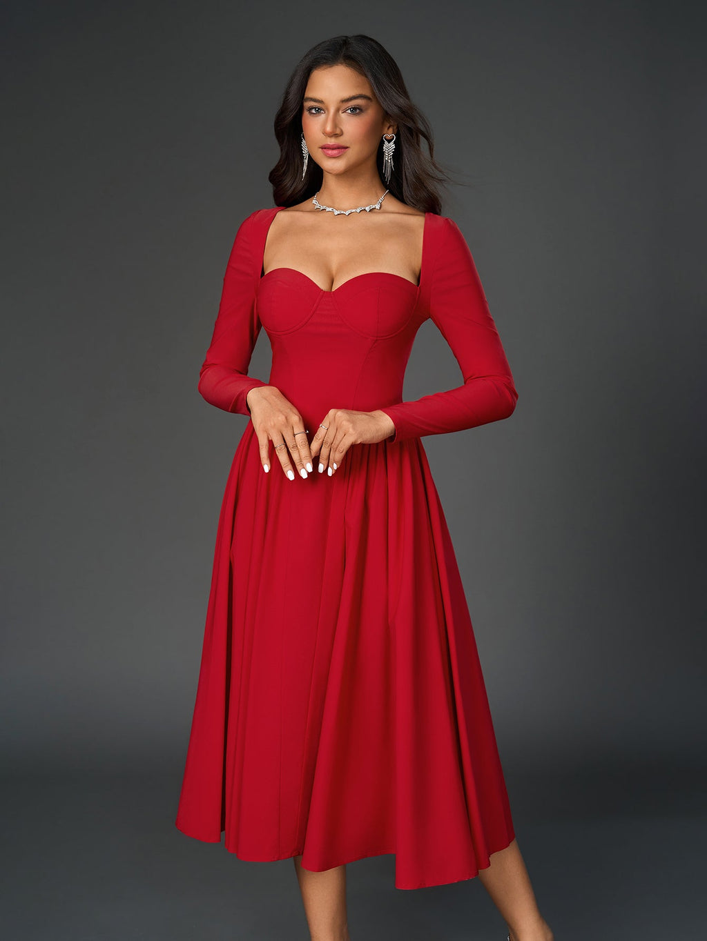 Elegant Midi Dress | Long Sleeve with Tie-Back Design | Special Occasion Wear| Special Occasion Wear