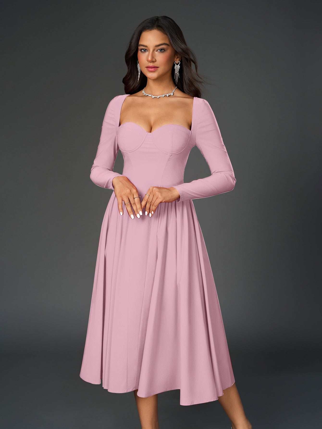Elegant Midi Dress | Long Sleeve with Tie-Back Design | Special Occasion Wear| Special Occasion Wear