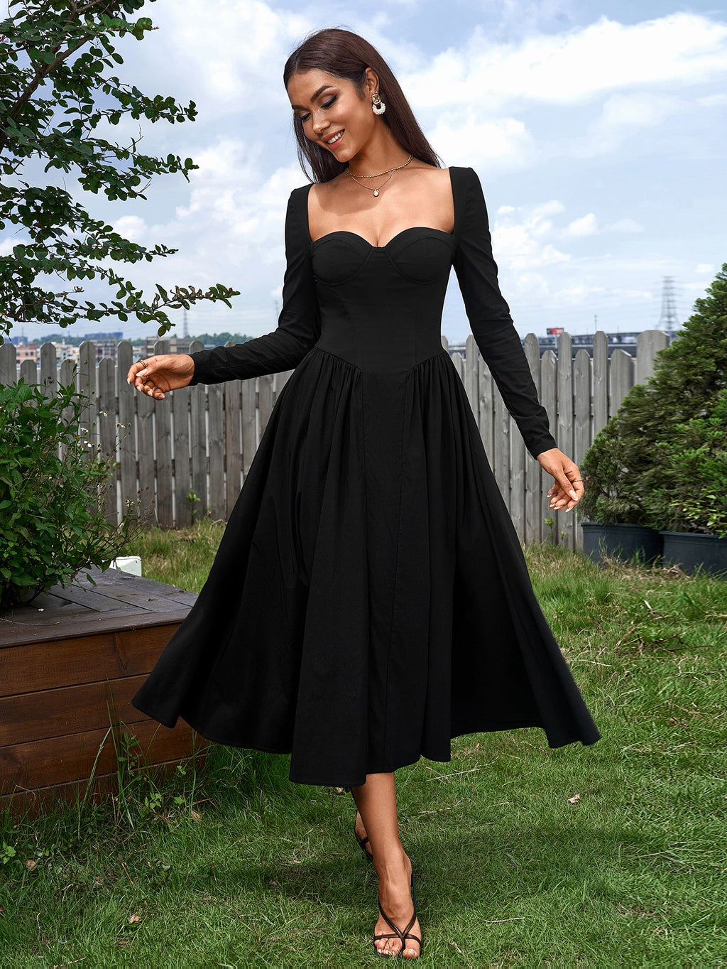 Elegant Midi Dress | Long Sleeve with Tie-Back Design | Special Occasion Wear| Special Occasion Wear