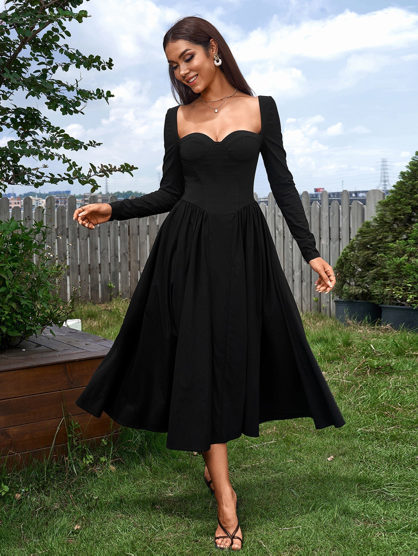 Elegant Midi Dress | Long Sleeve with Tie-Back Design | Special Occasion Wear| Special Occasion Wear