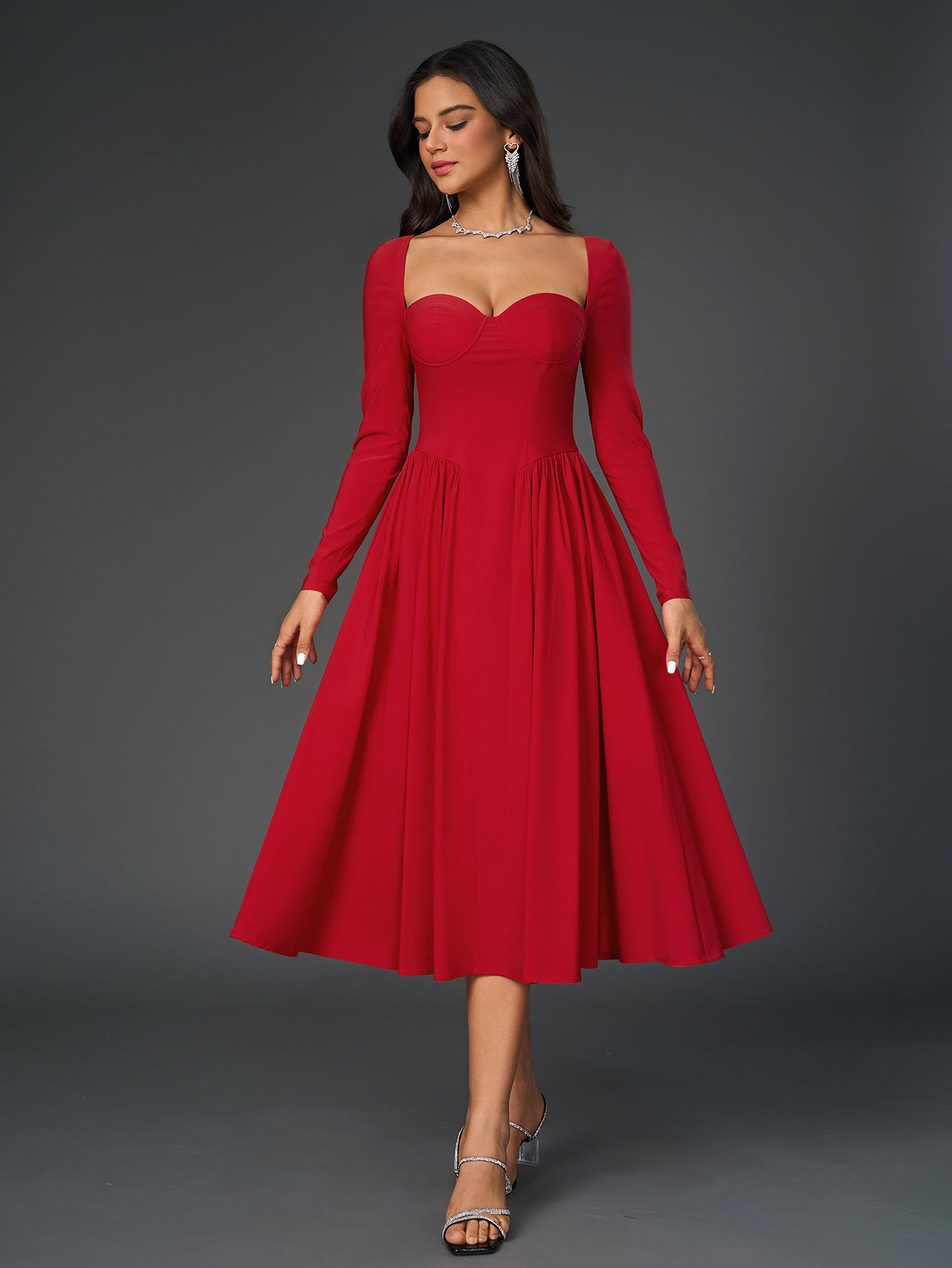 Elegant Midi Dress | Long Sleeve with Tie-Back Design | Special Occasion Wear| Special Occasion Wear