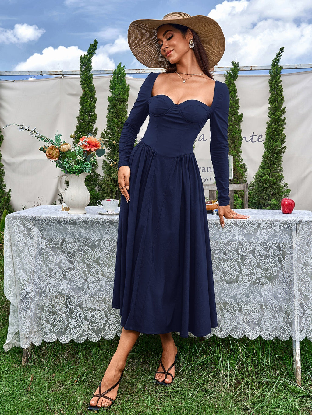 Elegant Midi Dress | Long Sleeve with Tie-Back Design | Special Occasion Wear| Special Occasion Wear