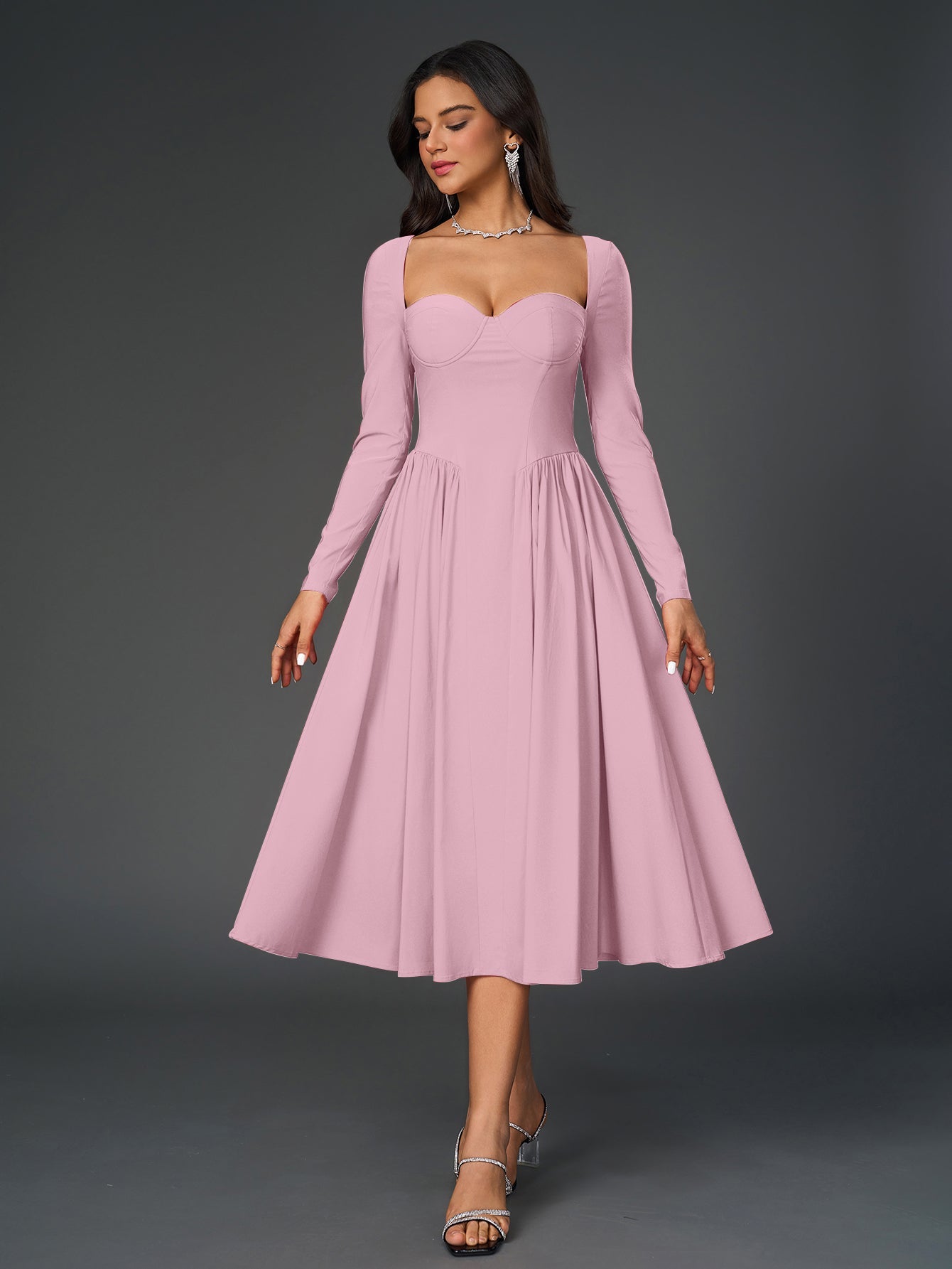 Elegant Midi Dress | Long Sleeve with Tie-Back Design | Special Occasion Wear| Special Occasion Wear