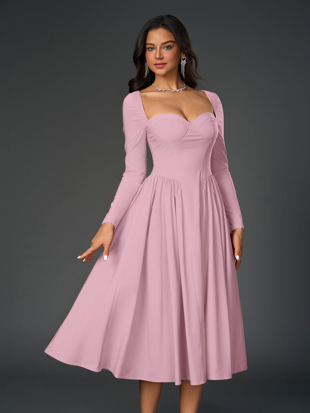 Elegant Midi Dress | Long Sleeve with Tie-Back Design | Special Occasion Wear| Special Occasion Wear