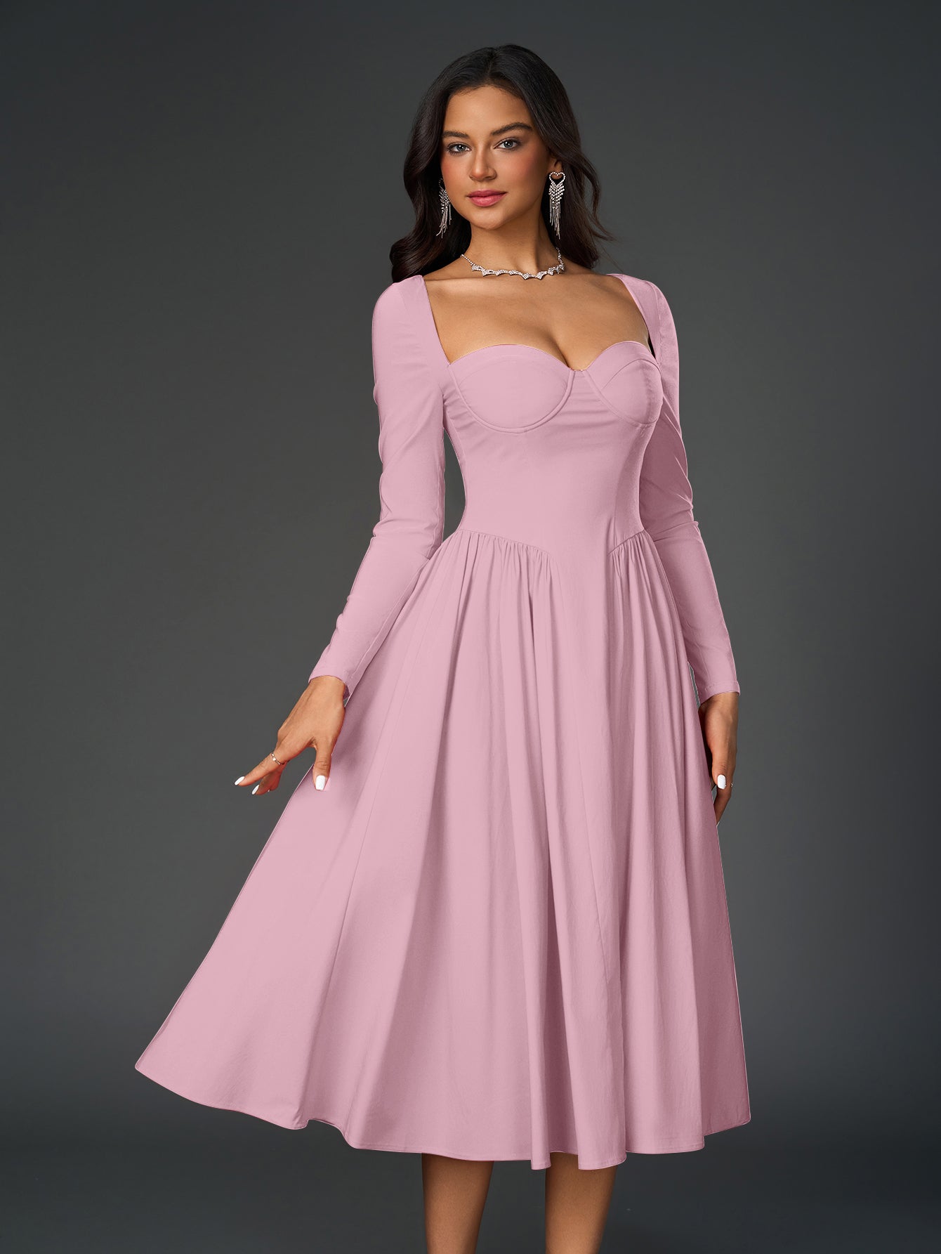 Elegant Midi Dress | Long Sleeve with Tie-Back Design | Special Occasion Wear| Special Occasion Wear