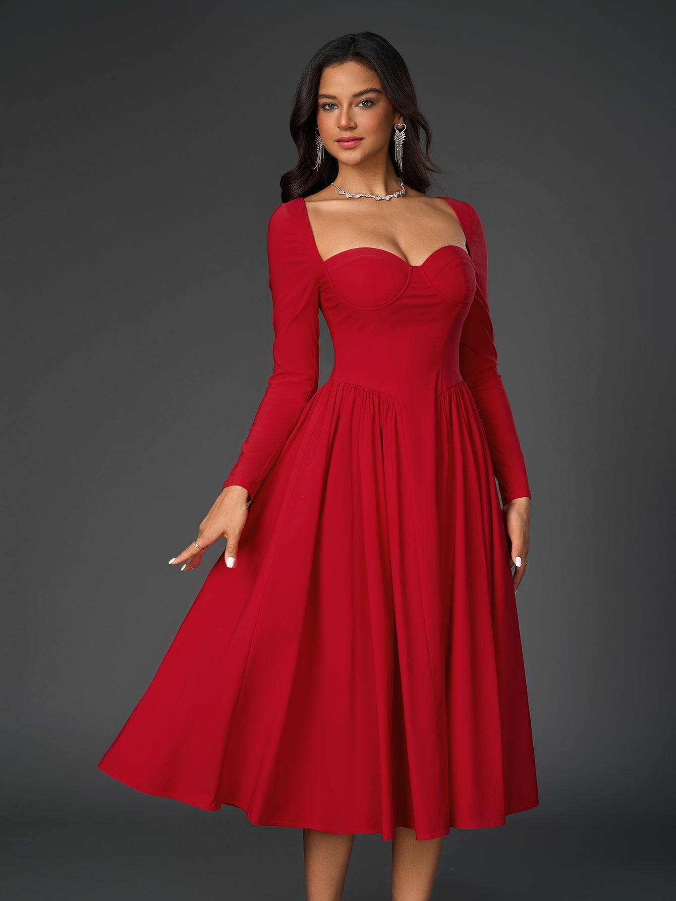 Elegant Midi Dress | Long Sleeve with Tie-Back Design | Special Occasion Wear| Special Occasion Wear