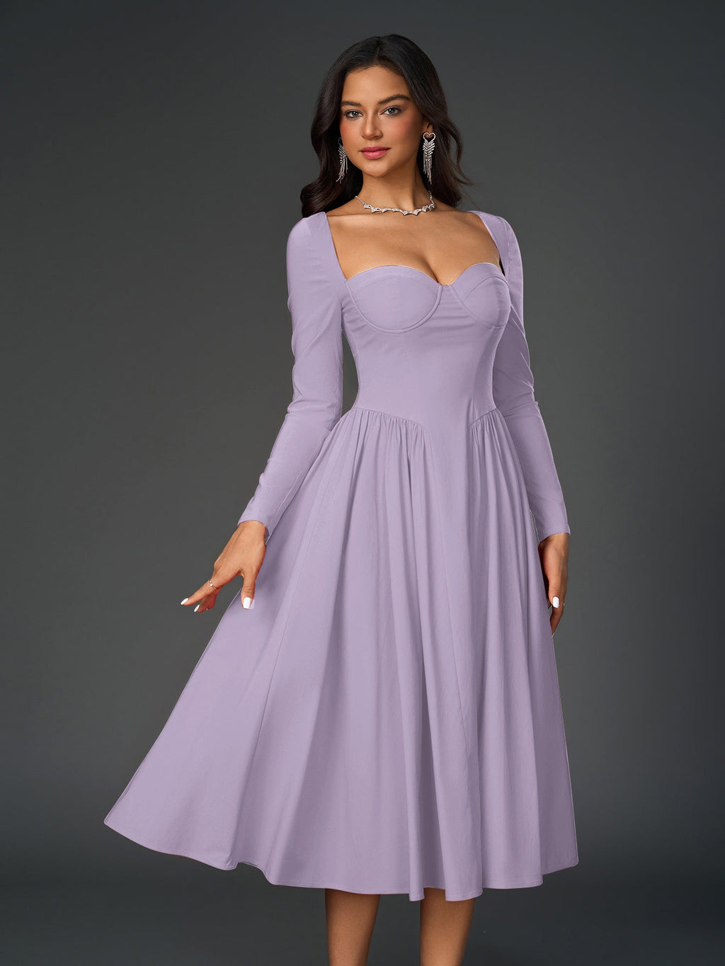 Elegant Midi Dress | Long Sleeve with Tie-Back Design | Special Occasion Wear| Special Occasion Wear