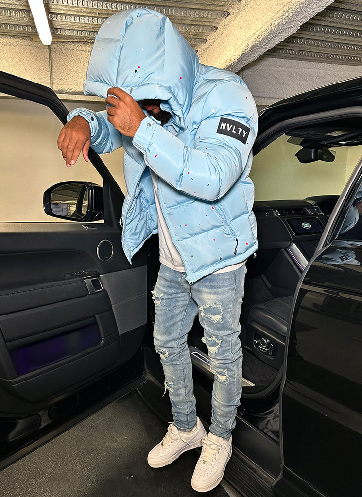 Splatter-Detail Hooded Puffer Jacket | Light Blue | Bold and Warm
