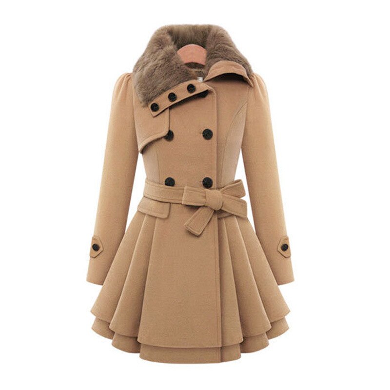 Fit-and-Flare Trench Coat | Double-Breasted with Fur Collar | Elegant and Warm