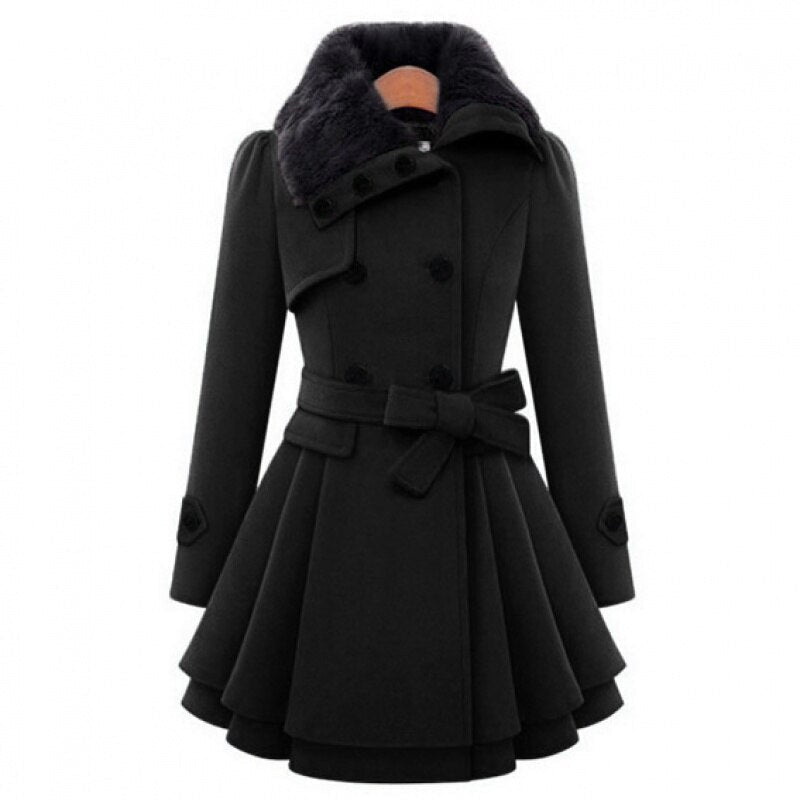 Fit-and-Flare Trench Coat | Double-Breasted with Fur Collar | Elegant and Warm