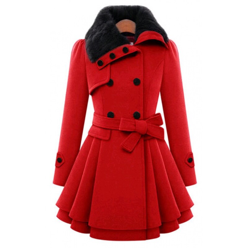Fit-and-Flare Trench Coat | Double-Breasted with Fur Collar | Elegant and Warm