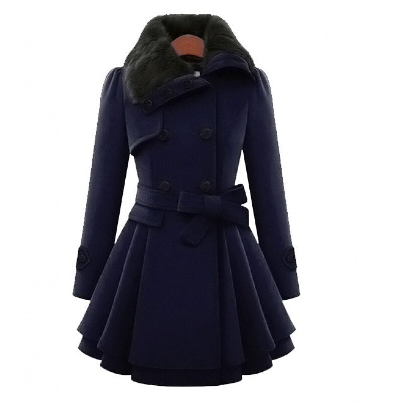 Fit-and-Flare Trench Coat | Double-Breasted with Fur Collar | Elegant and Warm