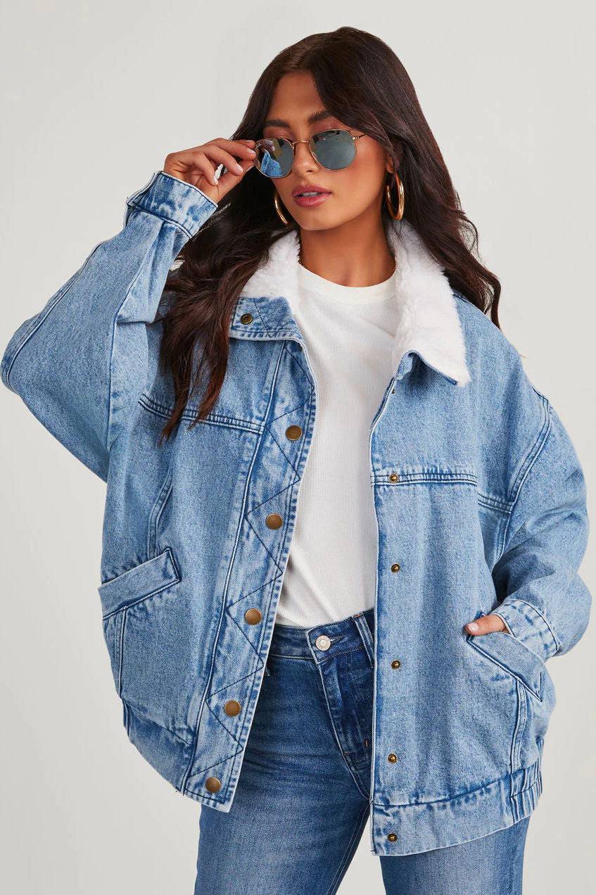 Ladies Denim Cotton Jacket | Fur Collar, Double Pockets | Casual Fall and Winter Wear