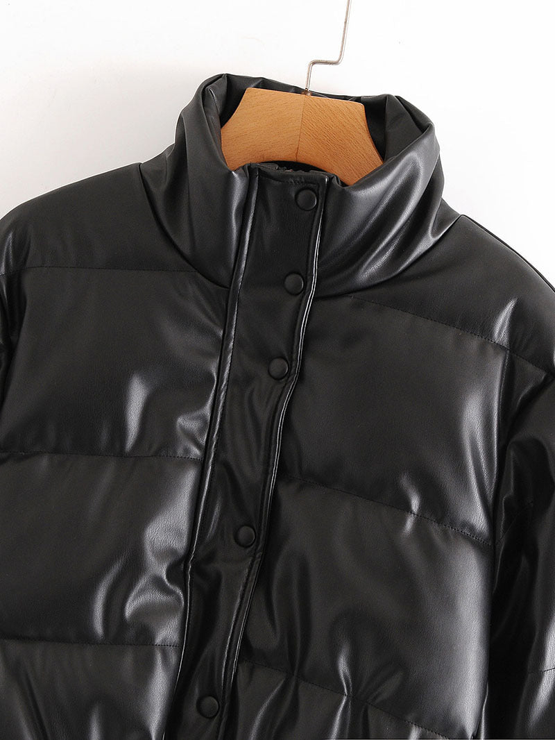Leather Coat for Women | Stand Collar, Cotton-Padded Design | Warm Autumn and Winter Wear