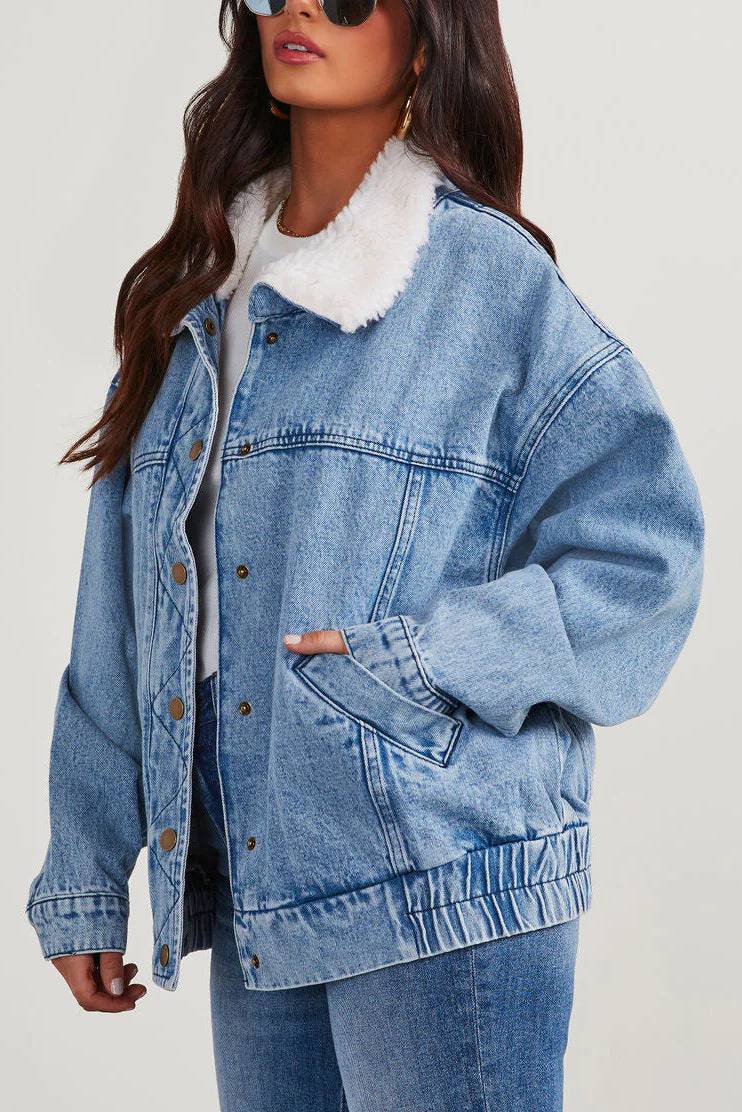 Ladies Denim Cotton Jacket | Fur Collar, Double Pockets | Casual Fall and Winter Wear