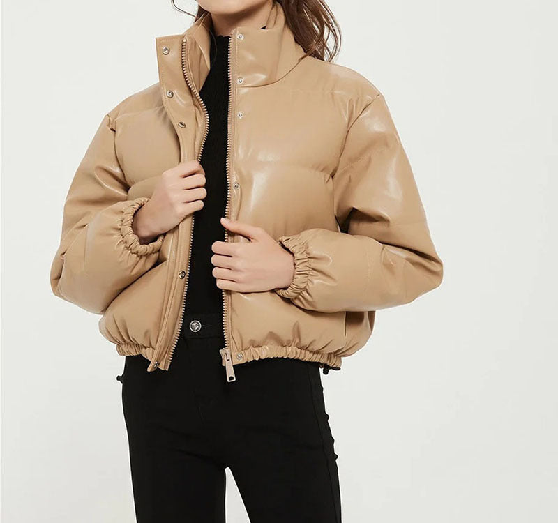 Leather Coat for Women | Stand Collar, Cotton-Padded Design | Warm Autumn and Winter Wear