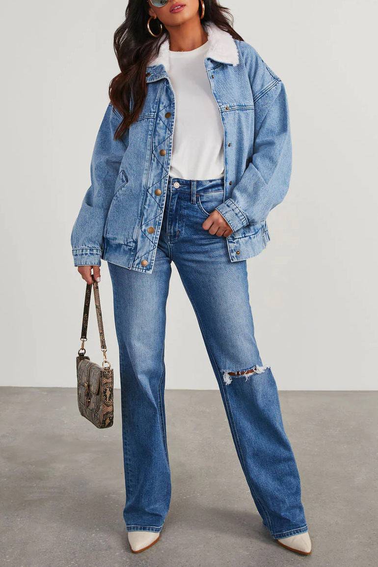 Ladies Denim Cotton Jacket | Fur Collar, Double Pockets | Casual Fall and Winter Wear