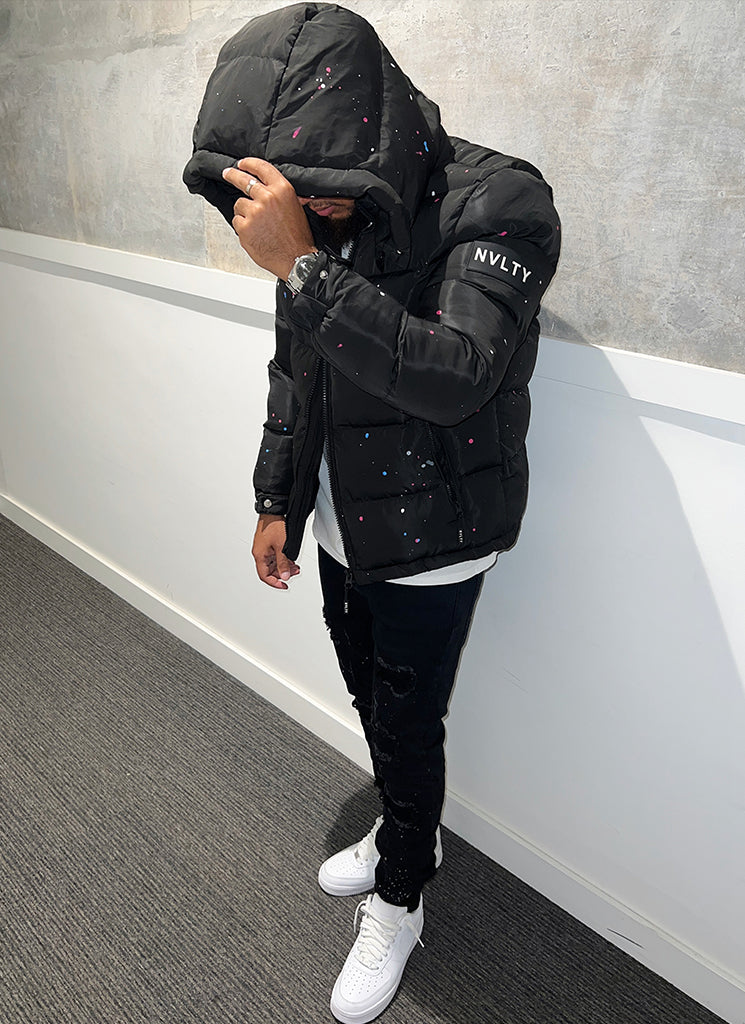 Splatter-Detail Hooded Puffer Jacket | Bold Design | Warm and Functional