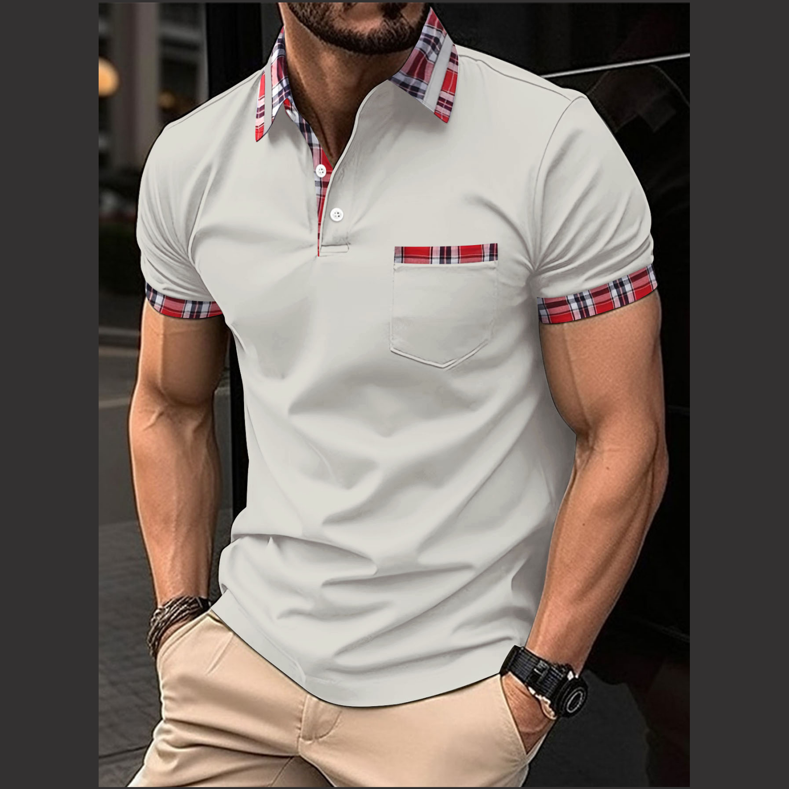 Plaid-Accent Polo Shirt | Soft Cotton Blend | Modern and Stylish Casual Wear
