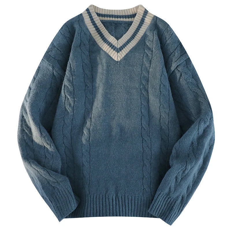 V-Neck Cable-Knit Sweater | Striped Accent | Timeless & Comfortable