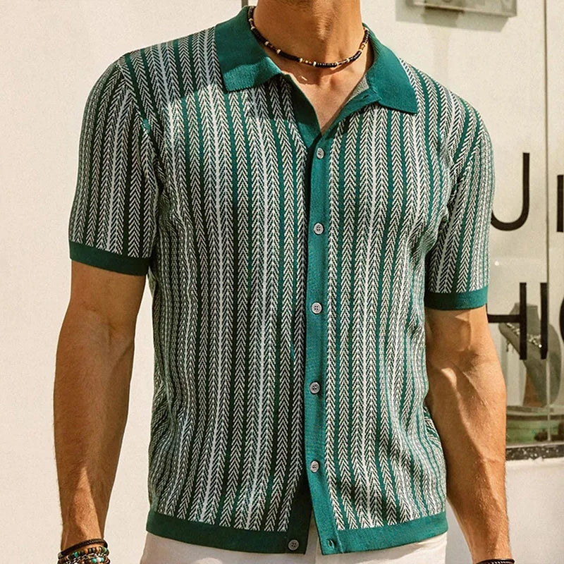 Striped Short-Sleeve Button-Up Shirt | Breathable Cotton | Retro Style